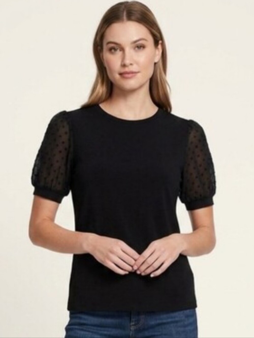 CeCe Women's Short Puff Sleeve Mixed Media Knit Top.